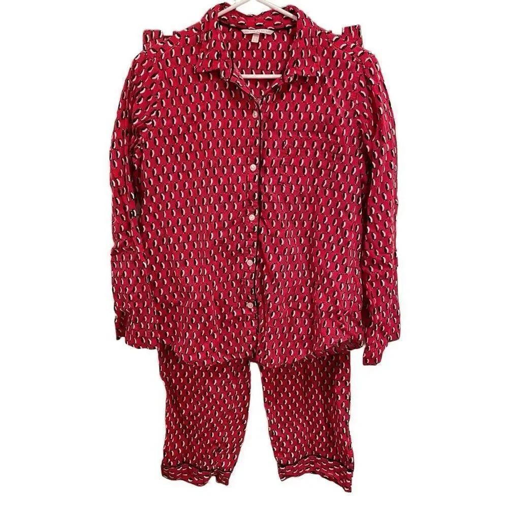 Victoria’s Secret PJ Set Womens M Red Flannel Penguin Print Button Front Pullon